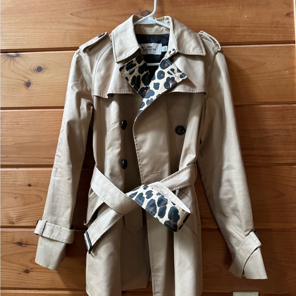 Coach Tan Trench Coat with Leopard Print Lining